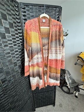 Chico's Open-Front Striped Cardigan in Coral, Mustard, Brown & Cream